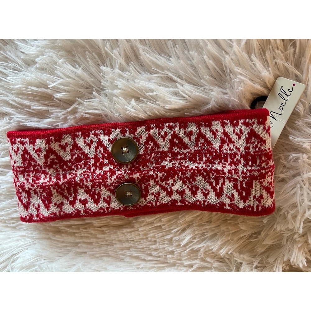 Simply Noelle Headband OS Christmas Red White Knit Fair Isle Button Ear Warmer
